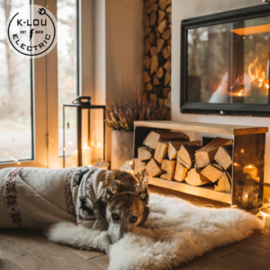 Grey cat sitting beside a modern fireplace with stacked firewood storage and ambient lighting